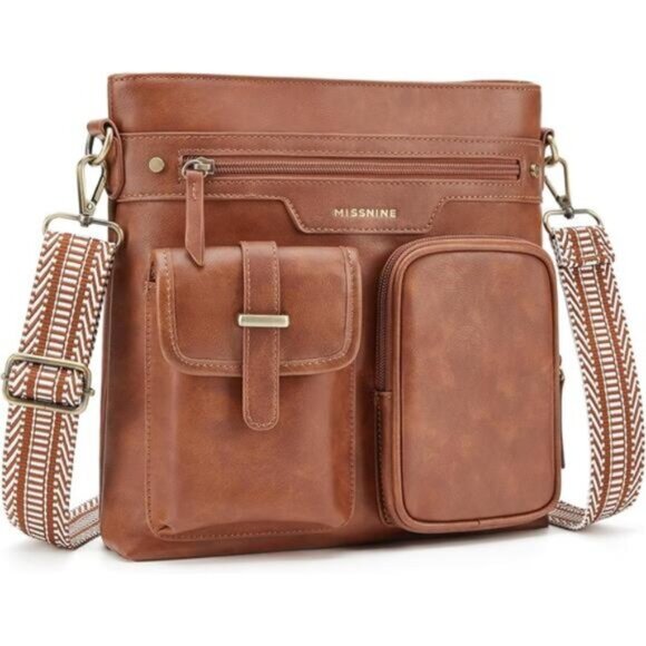 Crossbody Bags for Women Multi Pocket Soft Leather Medium Brown - Picture 1 of 6